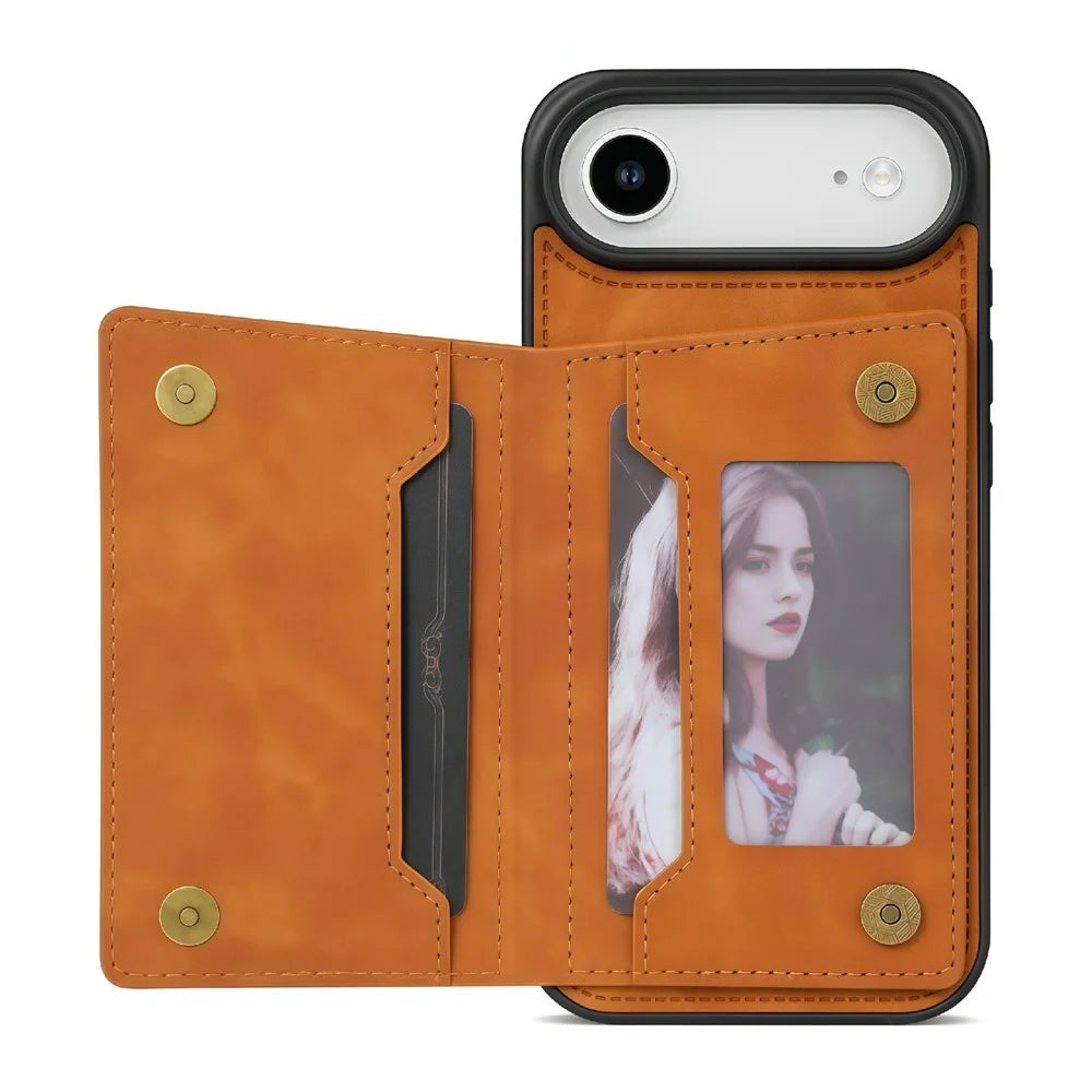 For iPhone Air Case Line Imprinted Color Splicing Leather Phone Cover - Orange - 2