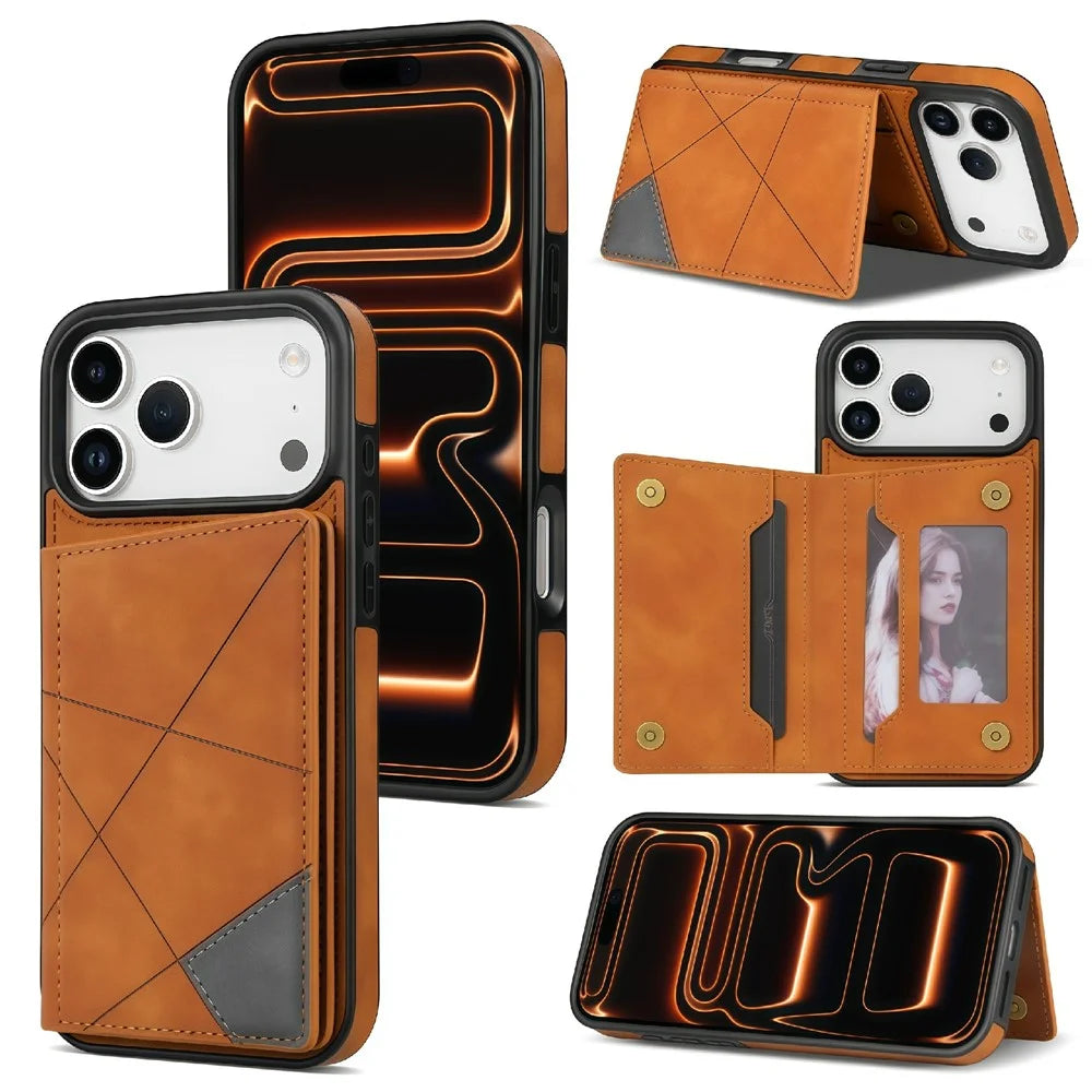For iPhone 18 Pro Max / 17 Pro Max Case Line Imprinted Color Splicing Leather Phone Cover - Orange - 1