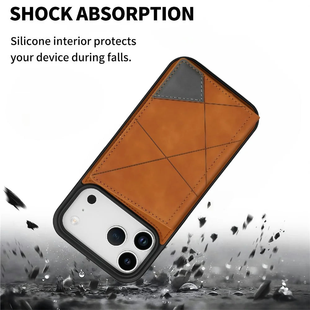 For iPhone 18 Pro Max / 17 Pro Max Case Line Imprinted Color Splicing Leather Phone Cover - Orange - 7