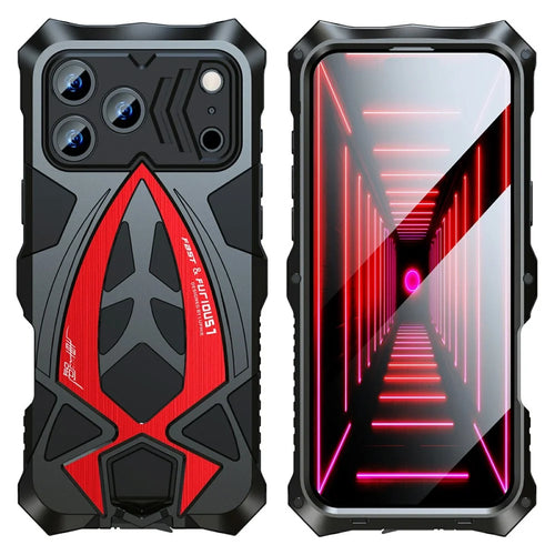 LUPHIE For iPhone 17 Pro Max Case Sports Car Design Shockproof Metal + TPU Phone Cover with Screen Protector - Black  /  Red - 1