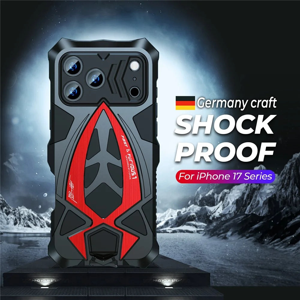 LUPHIE For iPhone 17 Pro Max Case Sports Car Design Shockproof Metal + TPU Phone Cover with Screen Protector - Black  /  Red - 2