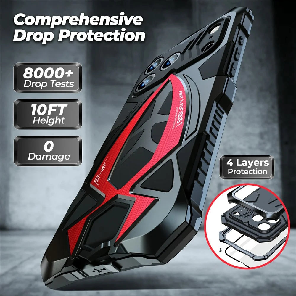 LUPHIE For iPhone 17 Pro Max Case Sports Car Design Shockproof Metal + TPU Phone Cover with Screen Protector - Black  /  Red - 4