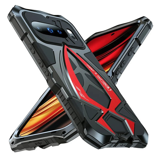 LUPHIE For Google Pixel 10 Pro  /  Pixel 10 Case Sports Car Design Shockproof Metal + TPU Phone Cover with Screen Protector - Black  /  Red - 1