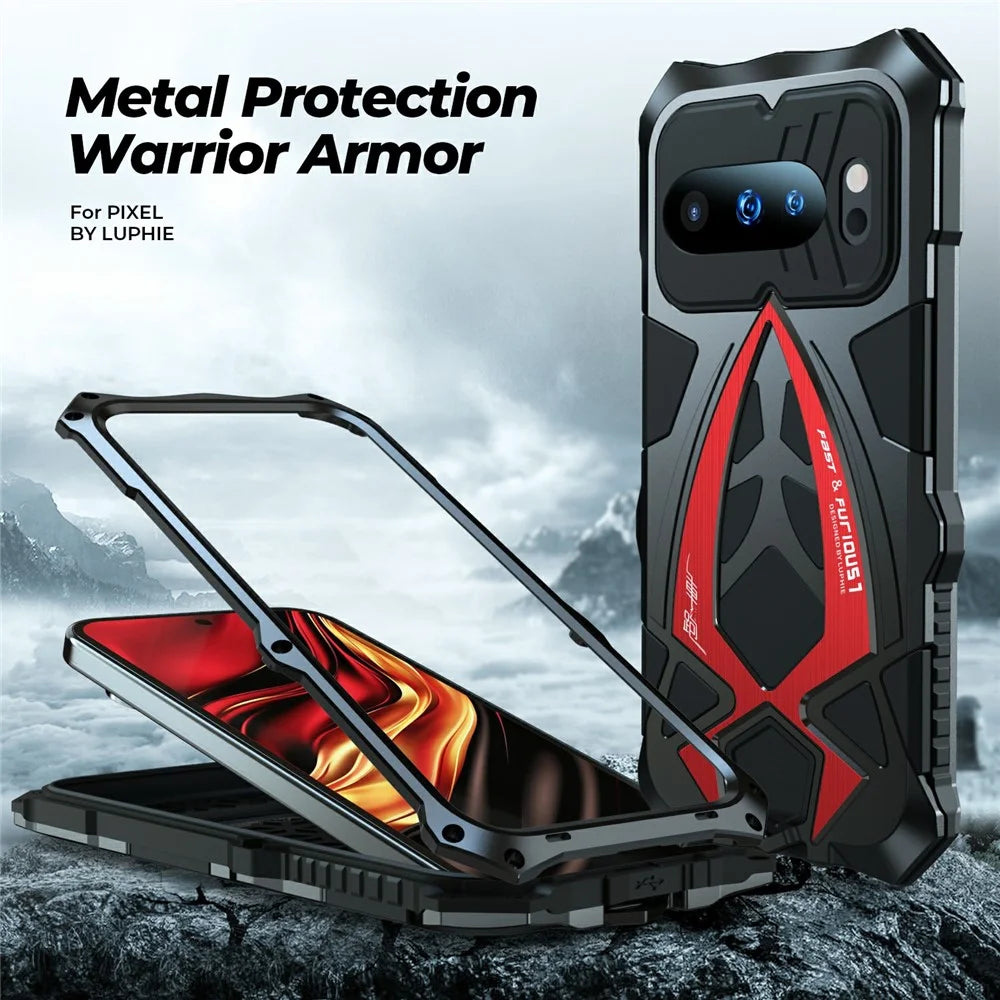 LUPHIE For Google Pixel 10 Pro  /  Pixel 10 Case Sports Car Design Shockproof Metal + TPU Phone Cover with Screen Protector - Black  /  Red - 3