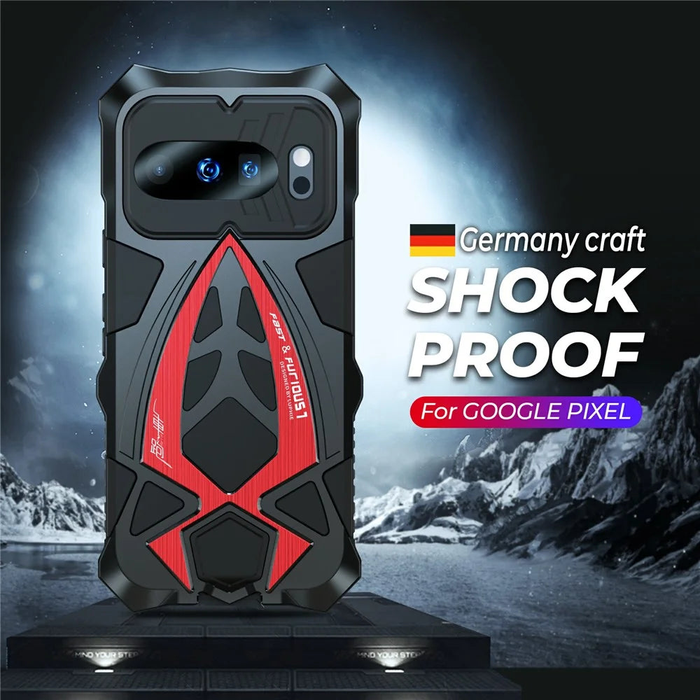 LUPHIE For Google Pixel 10 Pro  /  Pixel 10 Case Sports Car Design Shockproof Metal + TPU Phone Cover with Screen Protector - Black  /  Red - 4