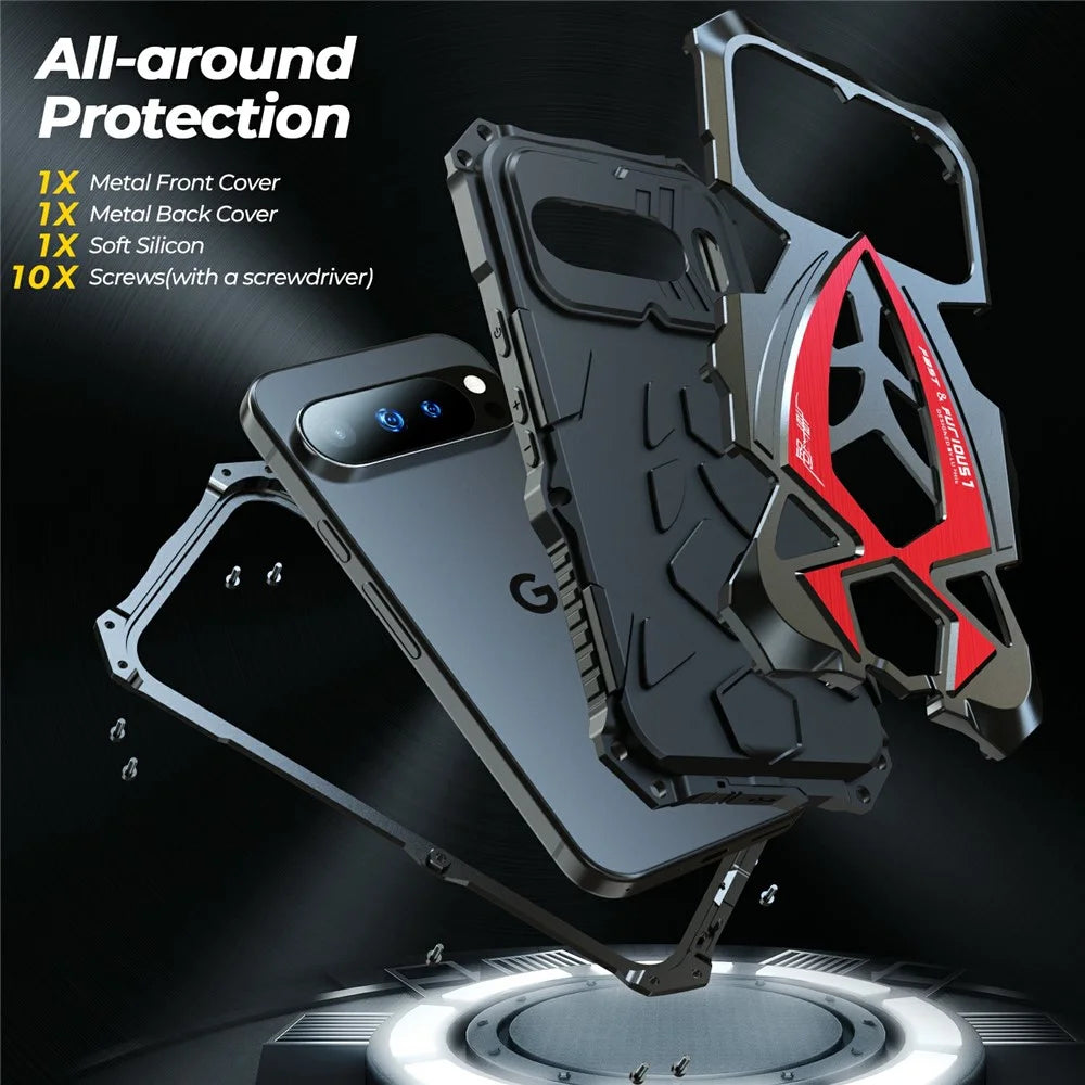 LUPHIE For Google Pixel 10 Pro  /  Pixel 10 Case Sports Car Design Shockproof Metal + TPU Phone Cover with Screen Protector - Black  /  Red - 7