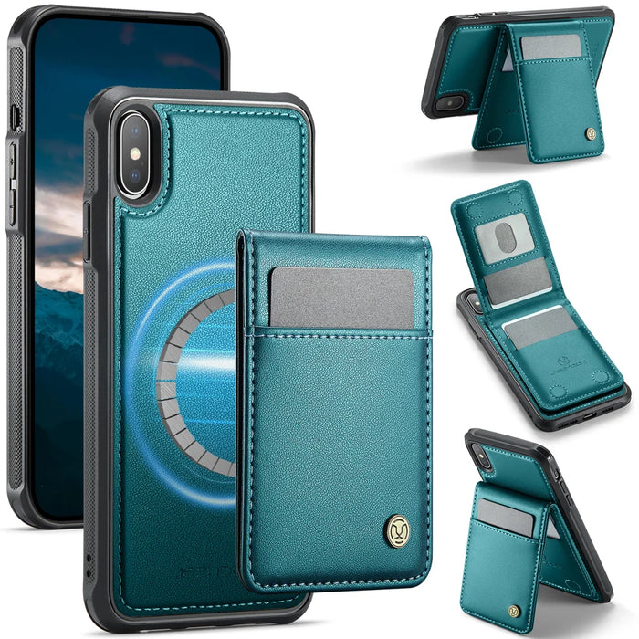 JEEHOOD For iPhone XS 5.8 inch / iPhone X Leather Back Cover Compatible with MagSafe  J06 Phone Case with Card Bag RFID Blocking - Blue - 1