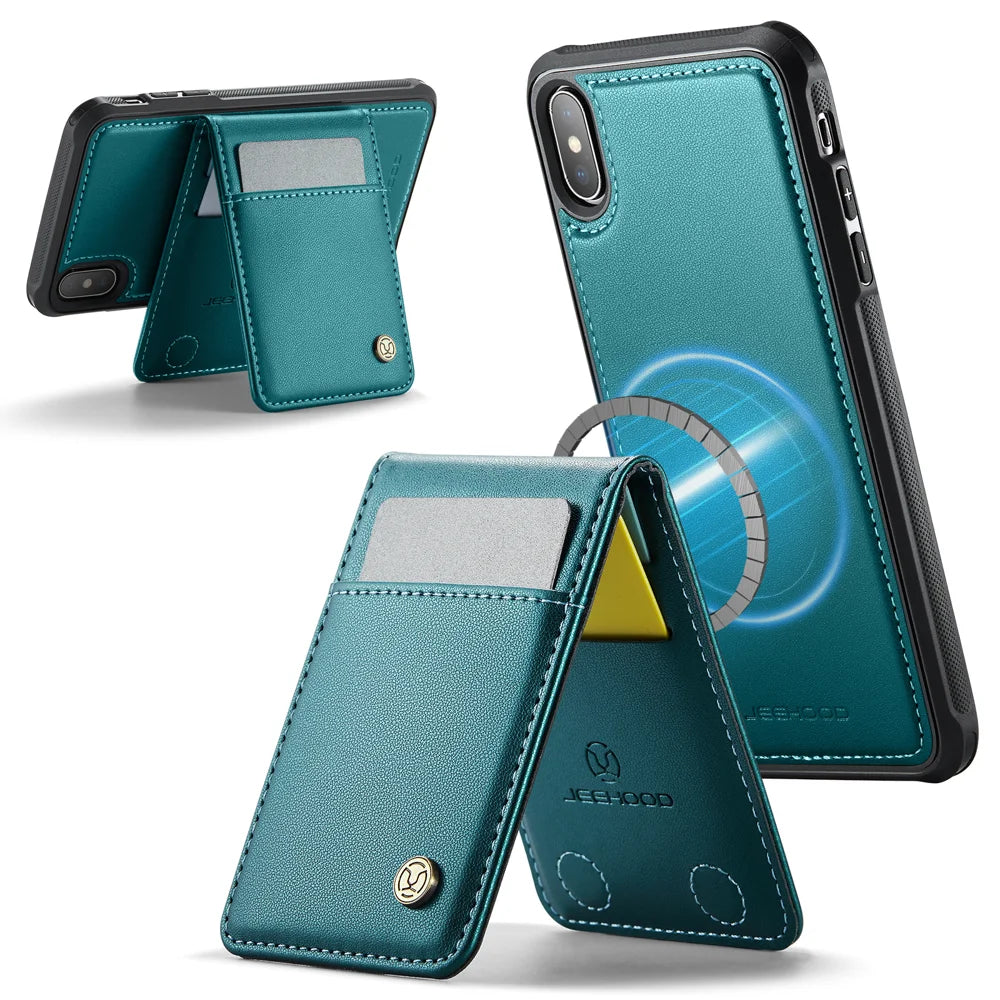 JEEHOOD For iPhone XS 5.8 inch / iPhone X Leather Back Cover Compatible with MagSafe  J06 Phone Case with Card Bag RFID Blocking - Blue - 2