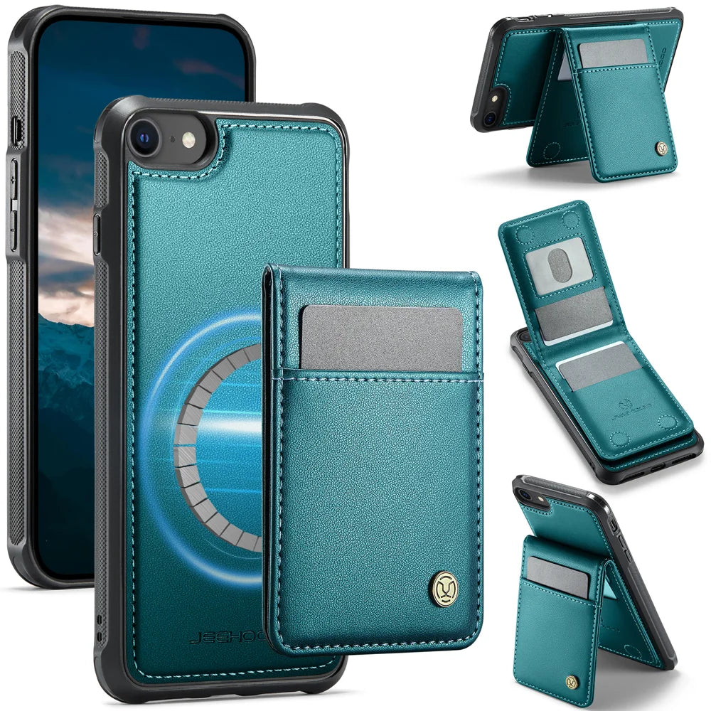 JEEHOOD For iPhone 8 4.7 inch / iPhone SE (2020) / iPhone SE (2022) / iPhone 7 4.7 inch Leather Back Cover Compatible with MagSafe  J06 Phone Case with Card Bag RFID Blocking - Blue - 1