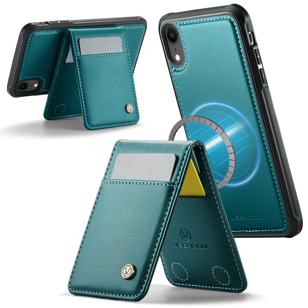 JEEHOOD For iPhone XR 6.1 inch Leather Back Cover Compatible with MagSafe  J06 Phone Case with Card Bag RFID Blocking - Blue - 2