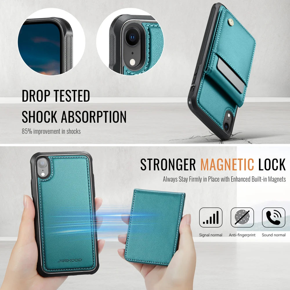 JEEHOOD For iPhone XR 6.1 inch Leather Back Cover Compatible with MagSafe  J06 Phone Case with Card Bag RFID Blocking - Blue - 5
