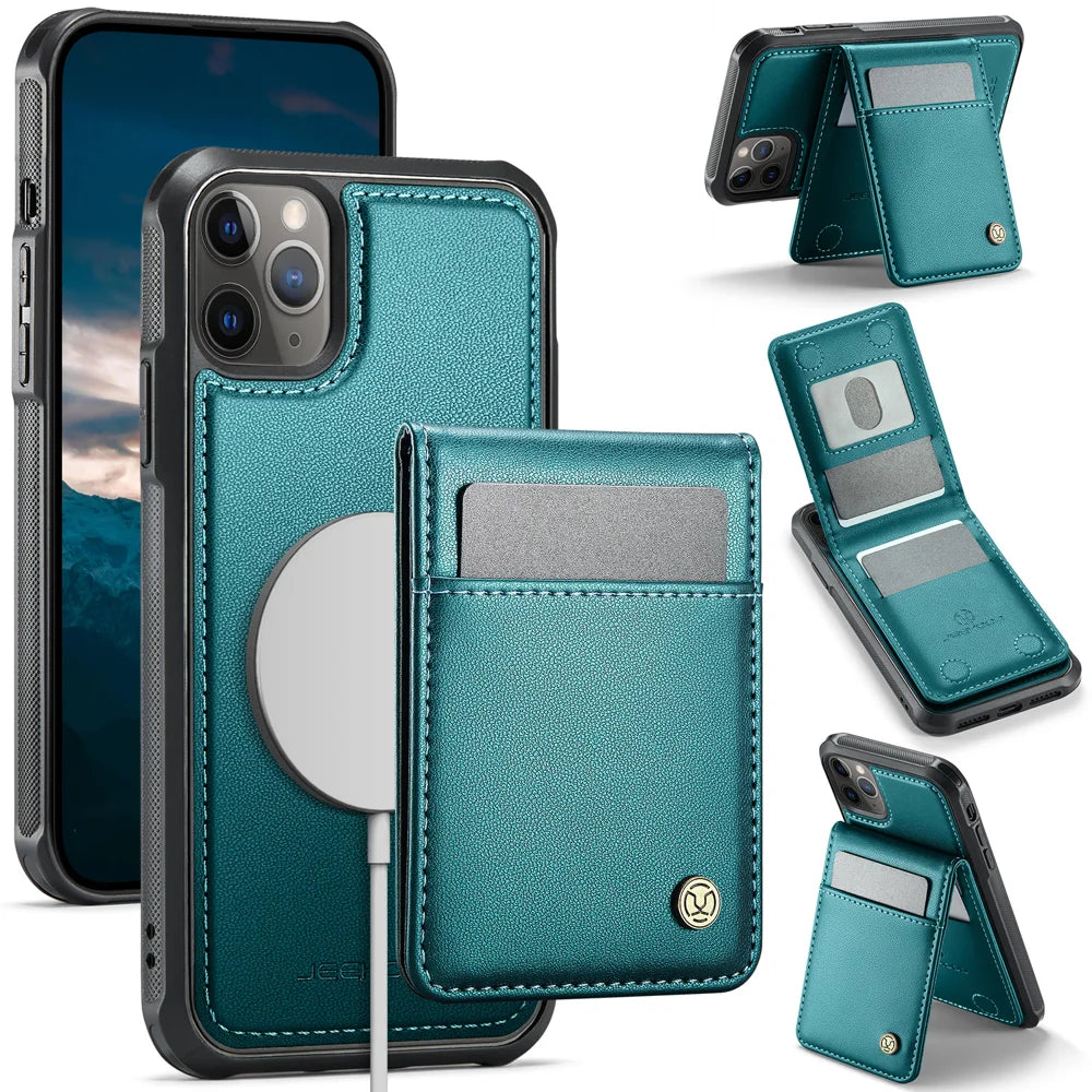 JEEHOOD For iPhone 11 Pro Max Leather Back Cover Compatible with MagSafe  J06 Phone Case with Card Bag RFID Blocking - Blue - 1