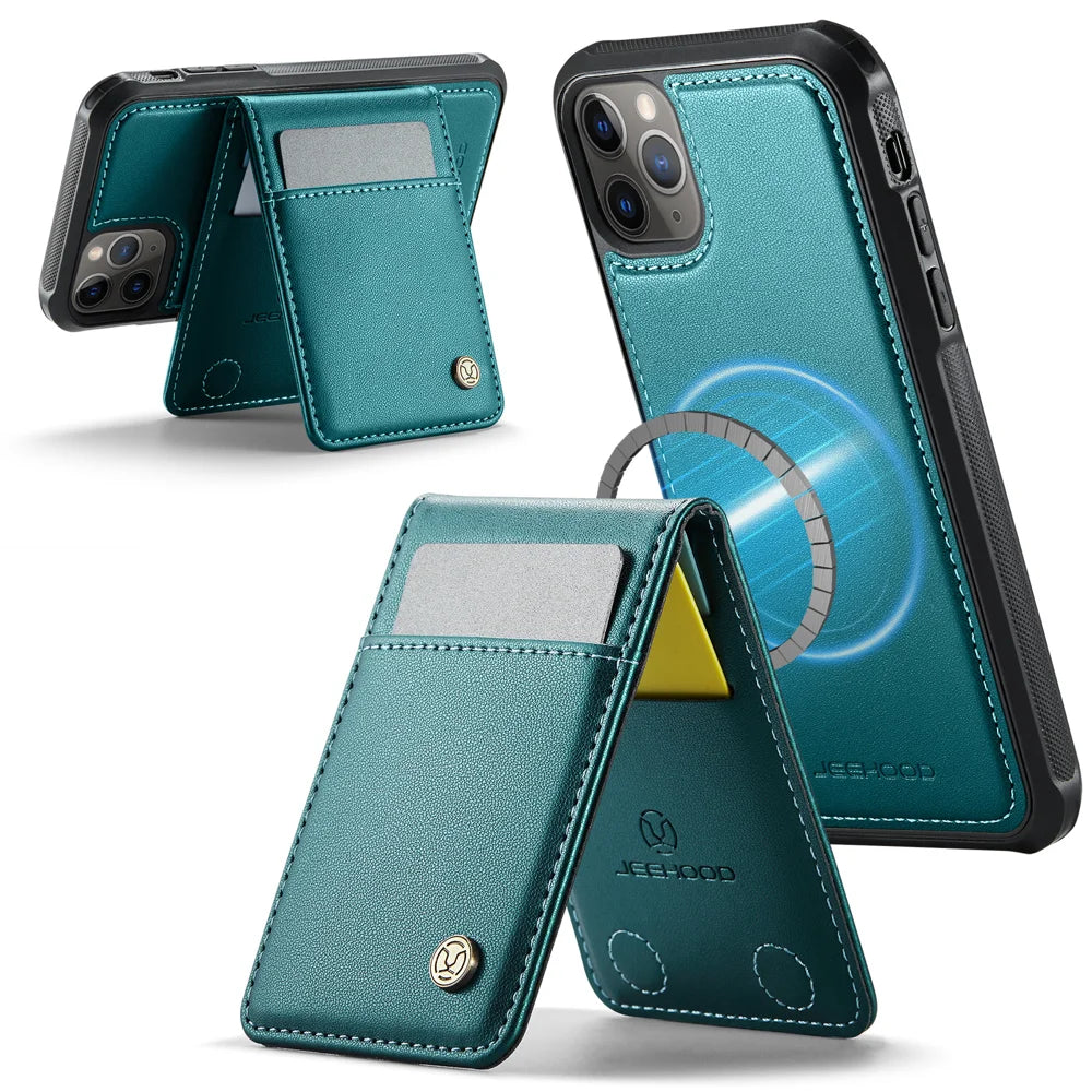 JEEHOOD For iPhone 11 Pro Max Leather Back Cover Compatible with MagSafe  J06 Phone Case with Card Bag RFID Blocking - Blue - 2