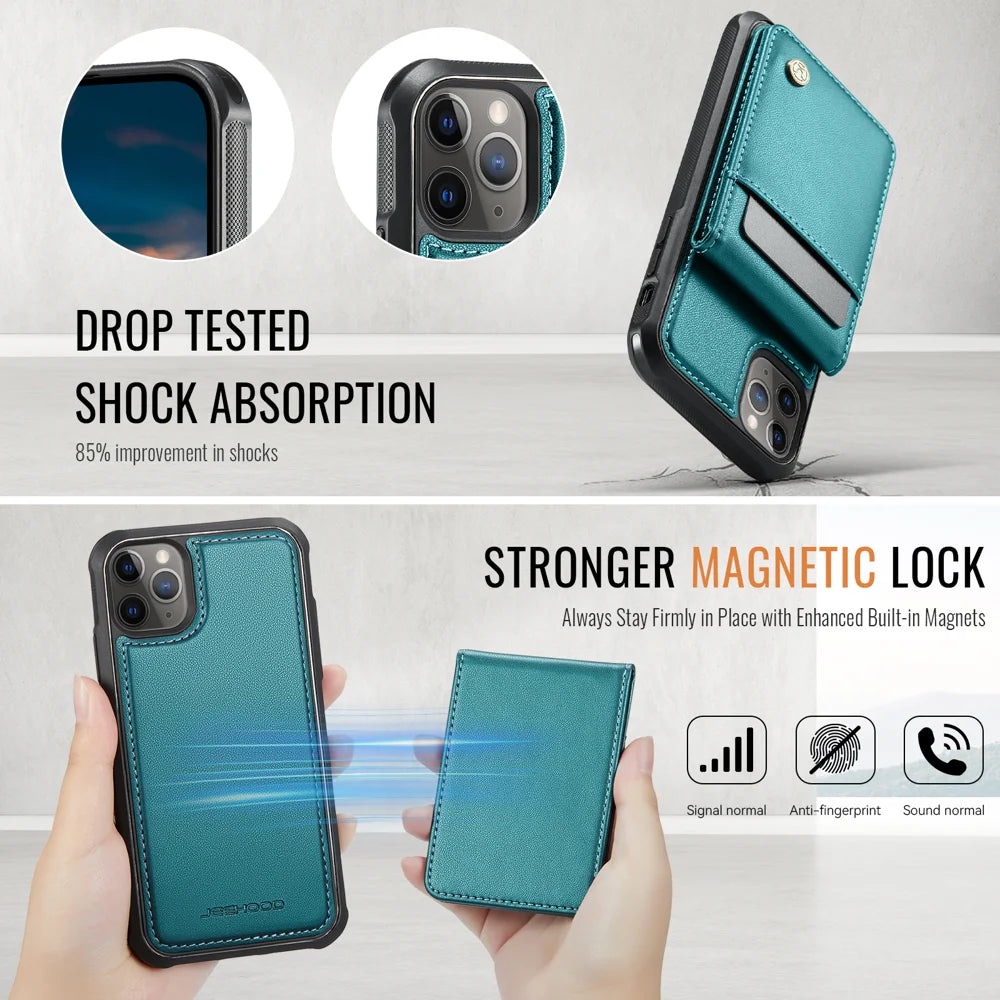JEEHOOD For iPhone 11 Pro Max Leather Back Cover Compatible with MagSafe  J06 Phone Case with Card Bag RFID Blocking - Blue - 5
