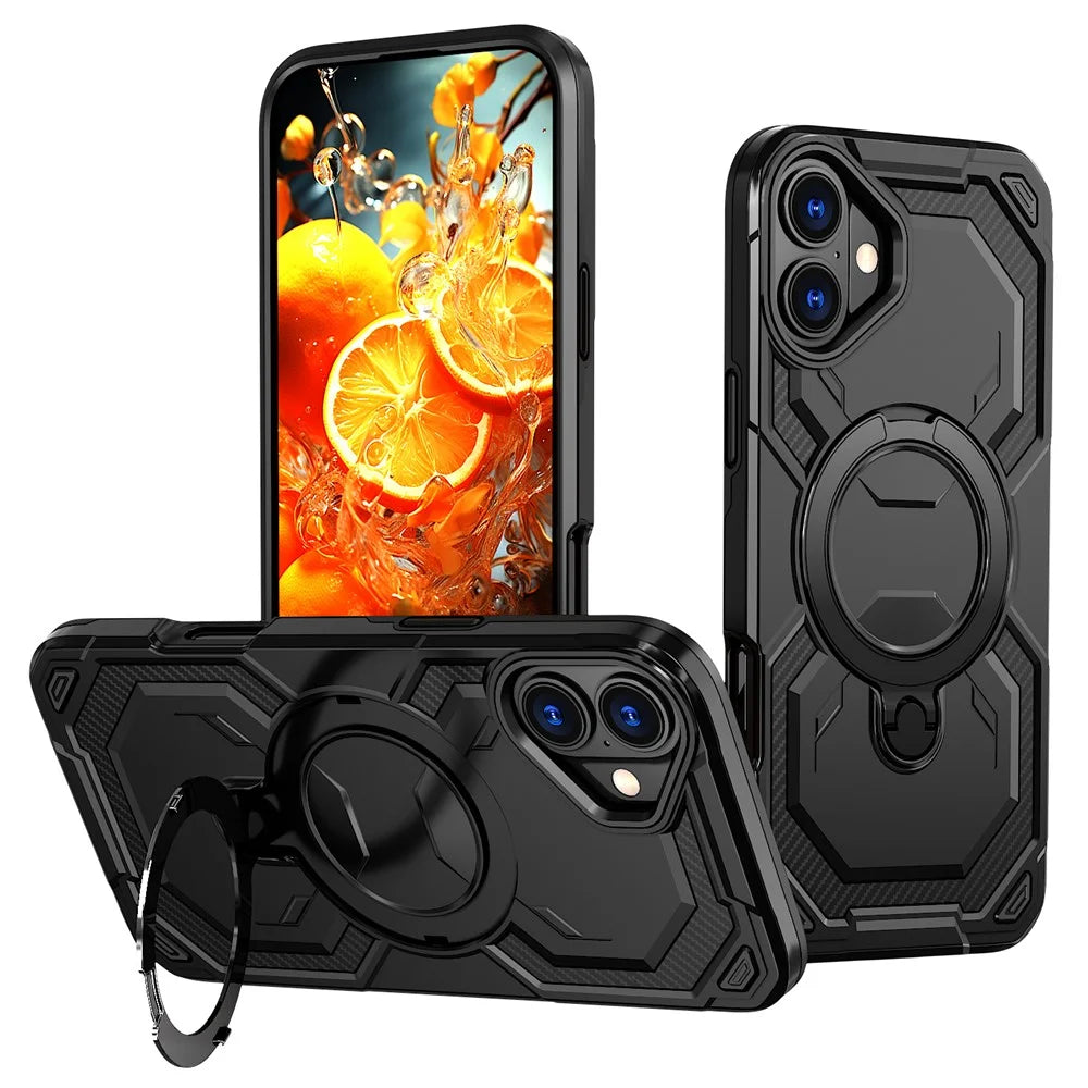 For iPhone 16 Magnetic Case Ring Kickstand PC + TPU Hybrid Phone Cover - Black - 1