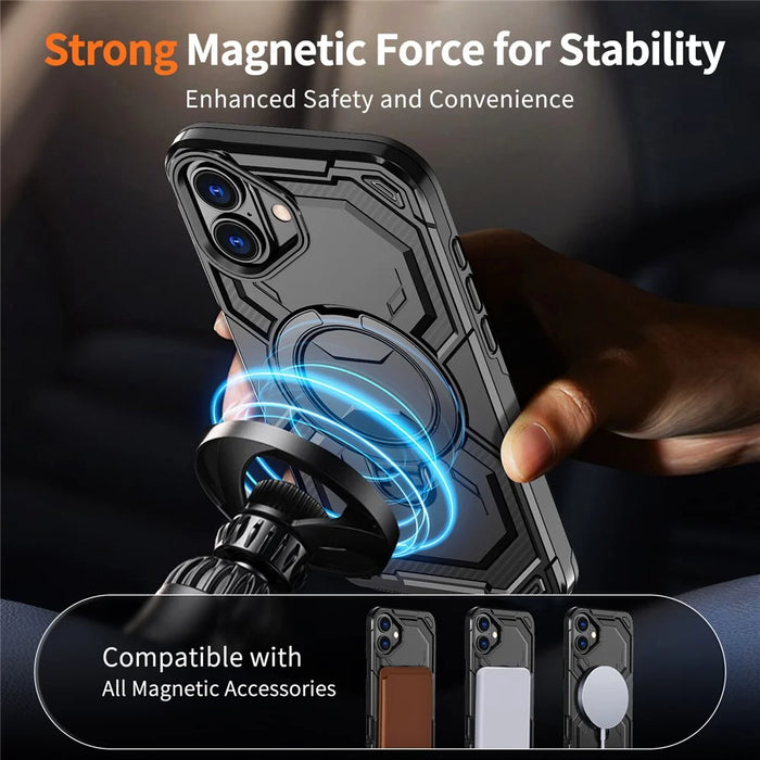 For iPhone 16 Magnetic Case Ring Kickstand PC + TPU Hybrid Phone Cover - Black - 2