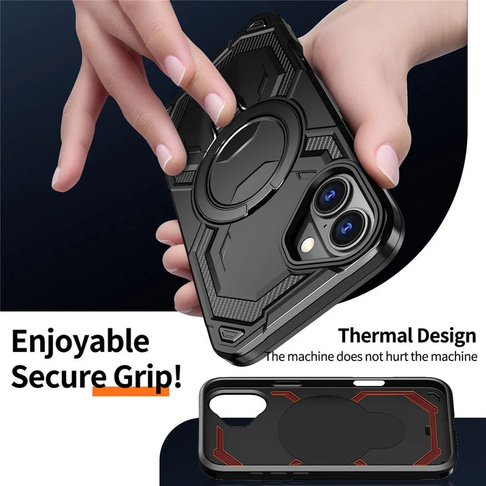 For iPhone 16 Magnetic Case Ring Kickstand PC + TPU Hybrid Phone Cover - Black - 4