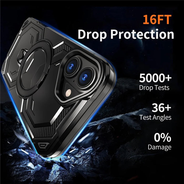 For iPhone 16 Magnetic Case Ring Kickstand PC + TPU Hybrid Phone Cover - Black - 5