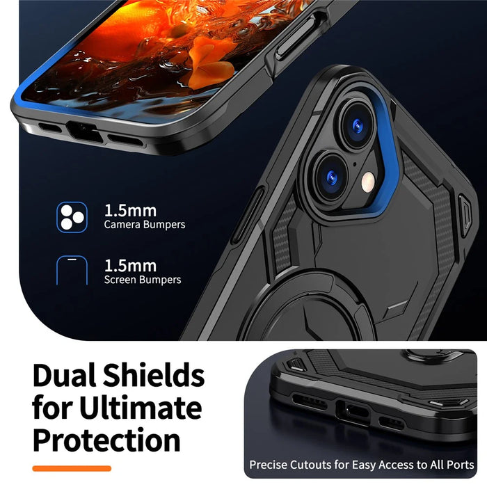 For iPhone 16 Magnetic Case Ring Kickstand PC + TPU Hybrid Phone Cover - Black - 7