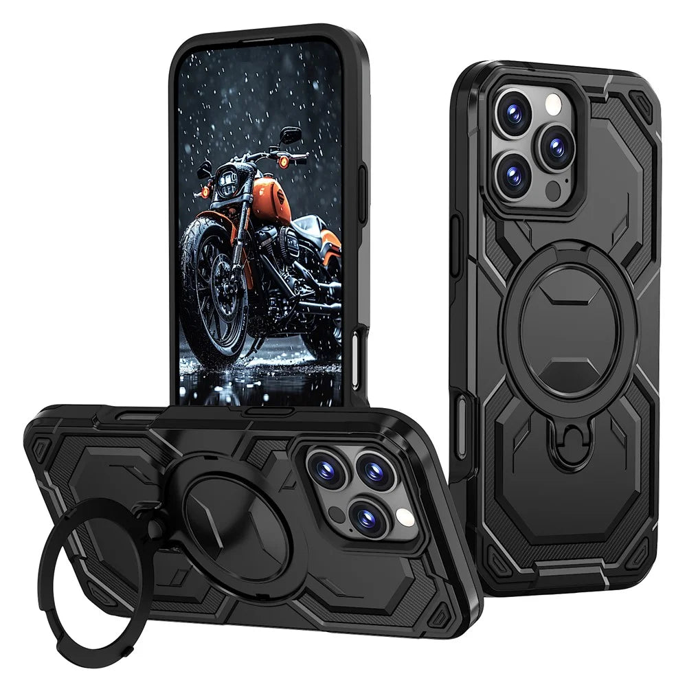 For iPhone 16 Pro Magnetic Case Ring Kickstand PC + TPU Hybrid Phone Cover - Black - 1