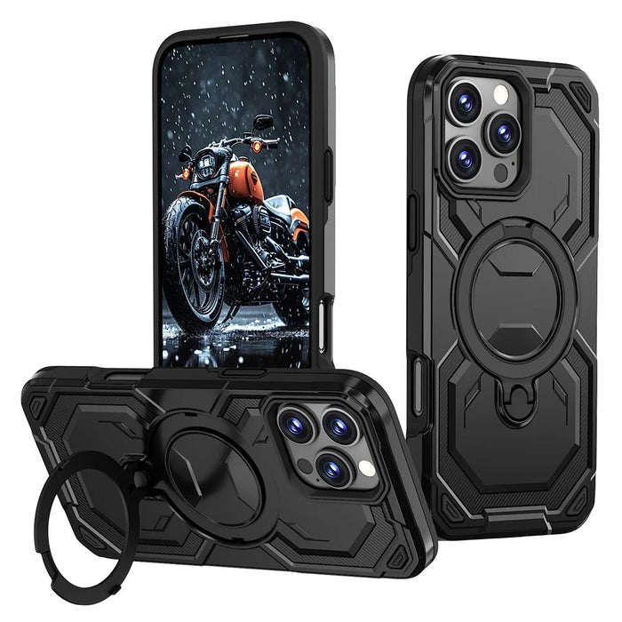For iPhone 16 Pro Max Magnetic Case Ring Kickstand PC + TPU Hybrid Phone Cover - Black - 1