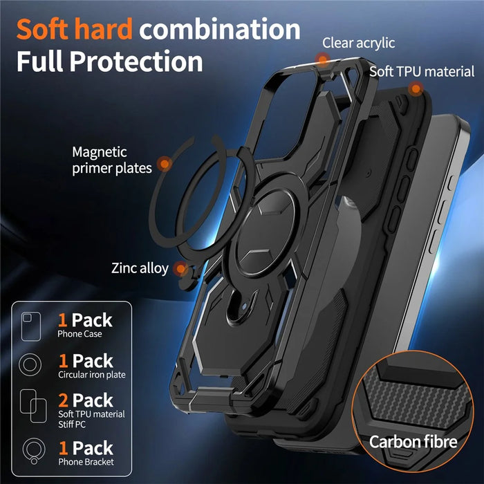 For iPhone 16 Pro Max Magnetic Case Ring Kickstand PC + TPU Hybrid Phone Cover - Black - 3