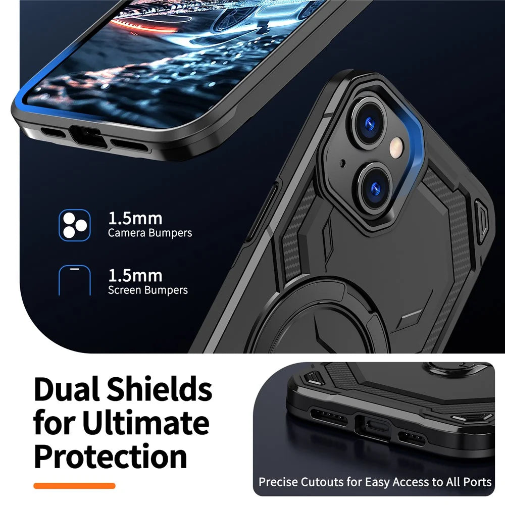 For iPhone 15 Magnetic Case Ring Kickstand PC + TPU Hybrid Phone Cover - Black - 7