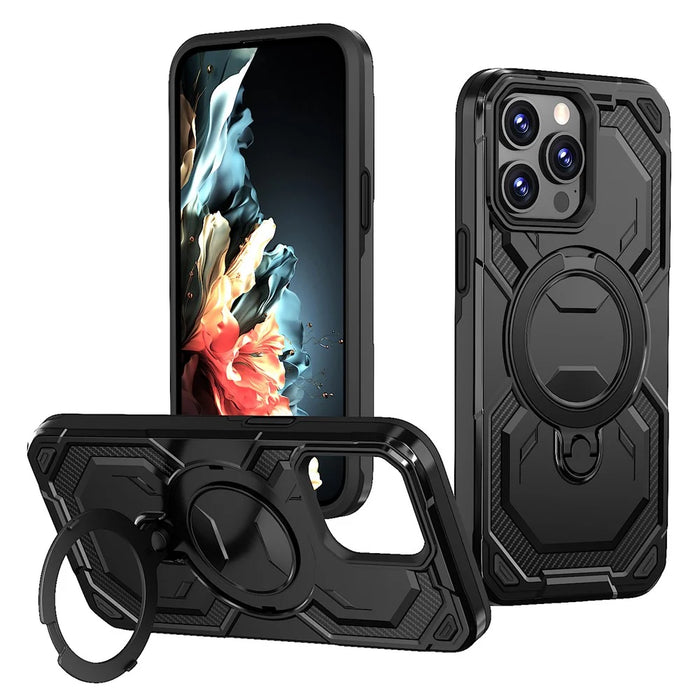 For iPhone 15 Pro Max Magnetic Case Ring Kickstand PC + TPU Hybrid Phone Cover - Black - 1