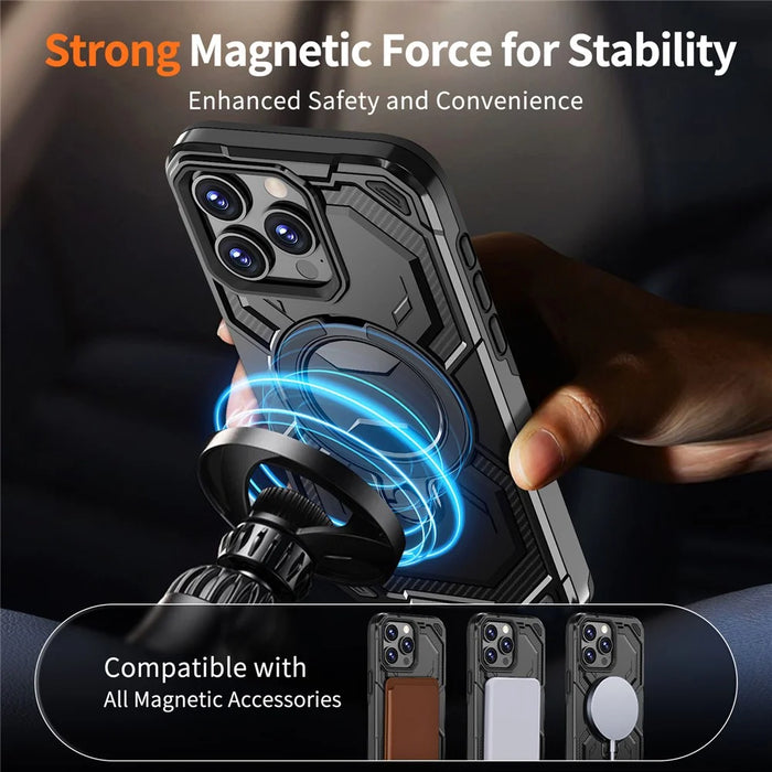 For iPhone 15 Pro Max Magnetic Case Ring Kickstand PC + TPU Hybrid Phone Cover - Black - 2