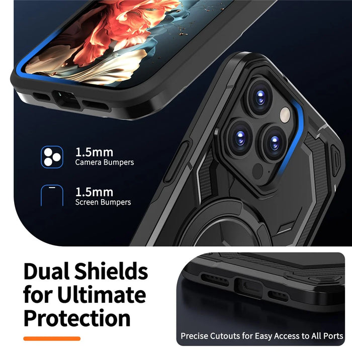 For iPhone 15 Pro Max Magnetic Case Ring Kickstand PC + TPU Hybrid Phone Cover - Black - 7