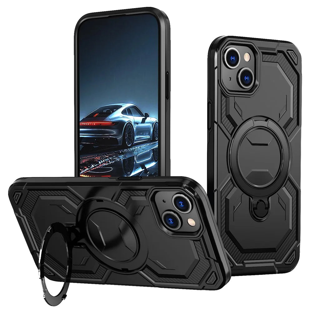 For iPhone 14 Magnetic Case Ring Kickstand PC + TPU Hybrid Phone Cover - Black - 1
