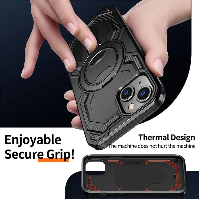 For iPhone 14 Magnetic Case Ring Kickstand PC + TPU Hybrid Phone Cover - Black - 4