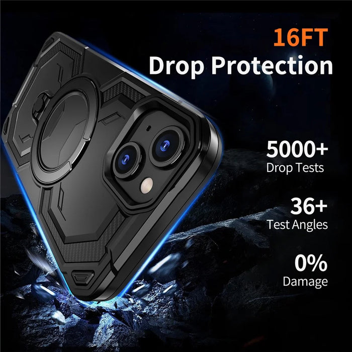 For iPhone 14 Magnetic Case Ring Kickstand PC + TPU Hybrid Phone Cover - Black - 5
