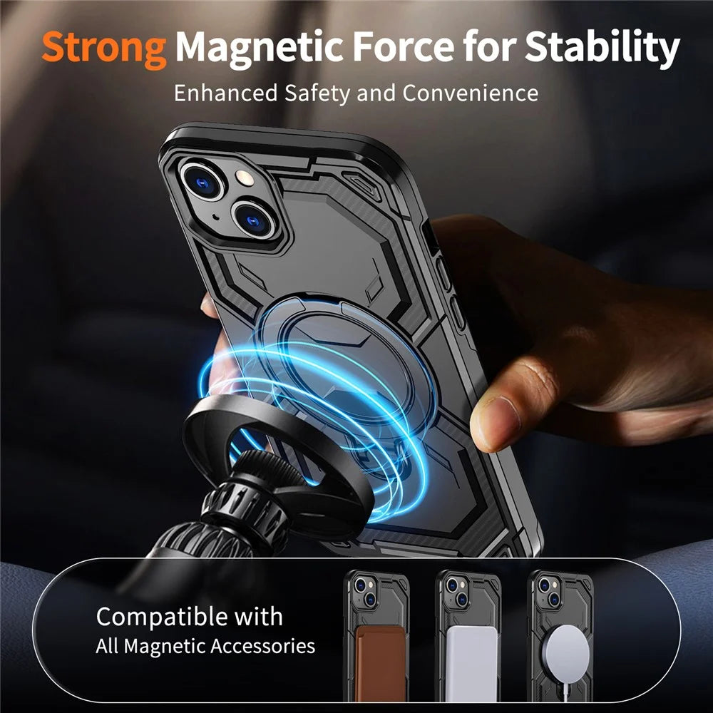 For iPhone 13 Magnetic Case Ring Kickstand PC + TPU Hybrid Phone Cover - Black - 2