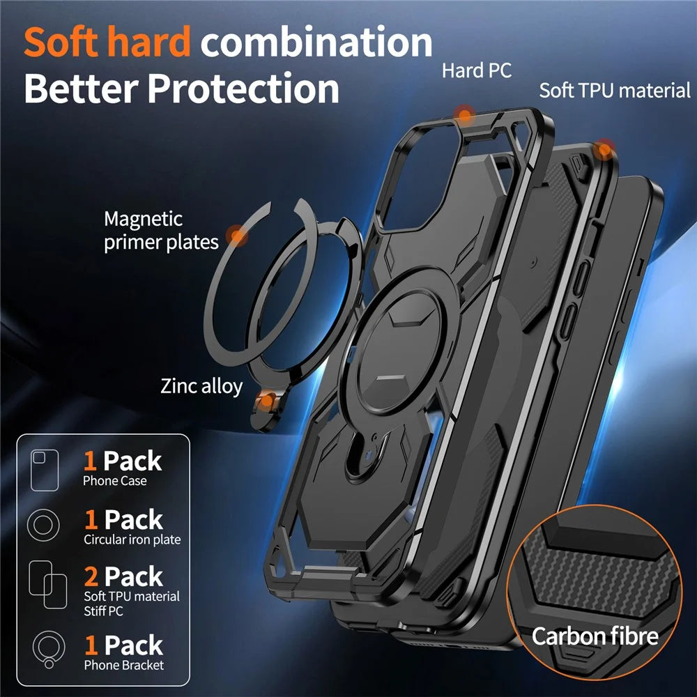 For iPhone 13 Magnetic Case Ring Kickstand PC + TPU Hybrid Phone Cover - Black - 3