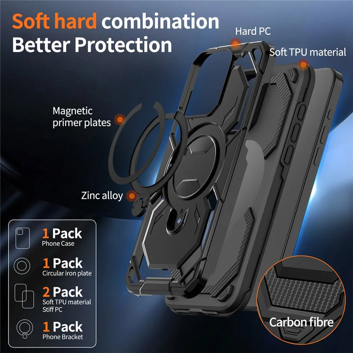 For iPhone 13 Pro Magnetic Case Ring Kickstand PC + TPU Hybrid Phone Cover - Black - 3