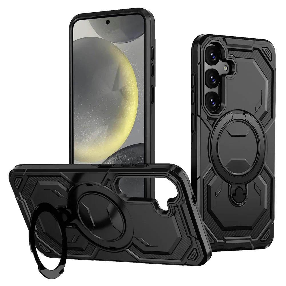 For Samsung Galaxy S24+ Magnetic Case Ring Kickstand PC + TPU Hybrid Phone Cover - Black - 1