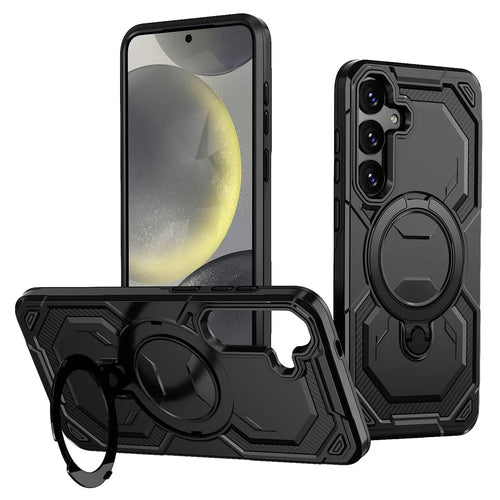 For Samsung Galaxy S24+ Magnetic Case Ring Kickstand PC + TPU Hybrid Phone Cover - Black - 1