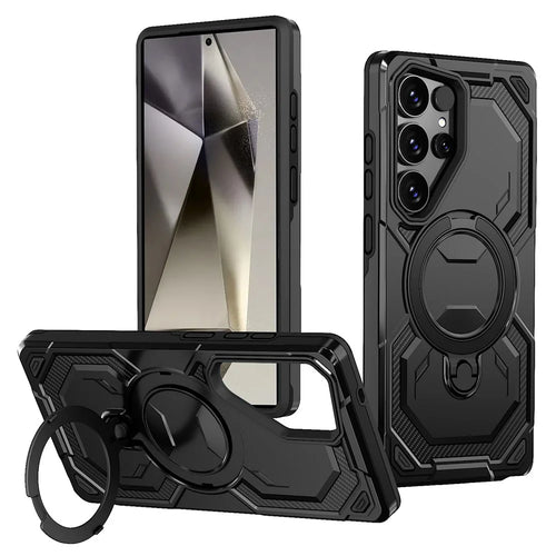 For Samsung Galaxy S24 Ultra Magnetic Case Ring Kickstand PC + TPU Hybrid Phone Cover - Black - 1