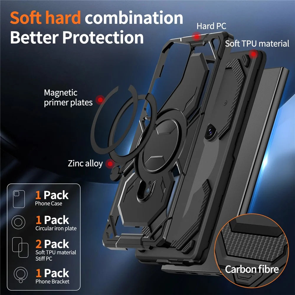For Samsung Galaxy S24 Ultra Magnetic Case Ring Kickstand PC + TPU Hybrid Phone Cover - Black - 4