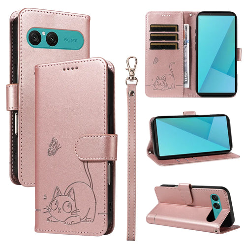 For Sony Xperia 10 VII Case Cat Pattern Imprint Leather Phone Cover with Wrist Strap - Rose Gold - 1