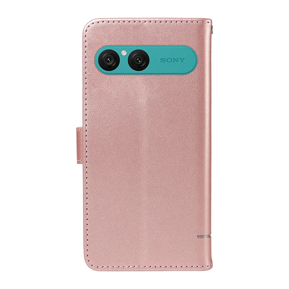 For Sony Xperia 10 VII Case Cat Pattern Imprint Leather Phone Cover with Wrist Strap - Rose Gold - 7