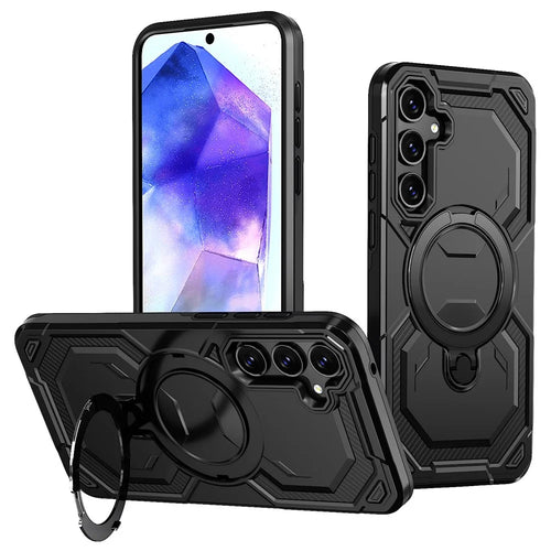 For Samsung Galaxy A55 5G Magnetic Case Ring Kickstand PC + TPU Hybrid Phone Cover - Black - 1