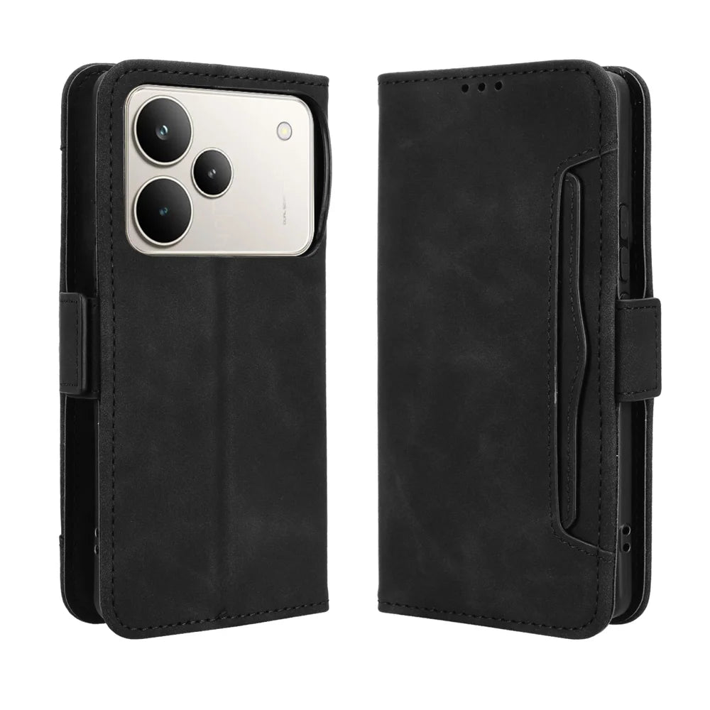 For Realme P4 5G Leather Case Phone Wallet Cover with Multiple Card Slots - Black - 1