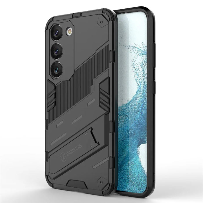Hard PC + Soft TPU Case for Samsung Galaxy S23, Scratch-resistant Kickstand Cell Phone Cover - Black - 1