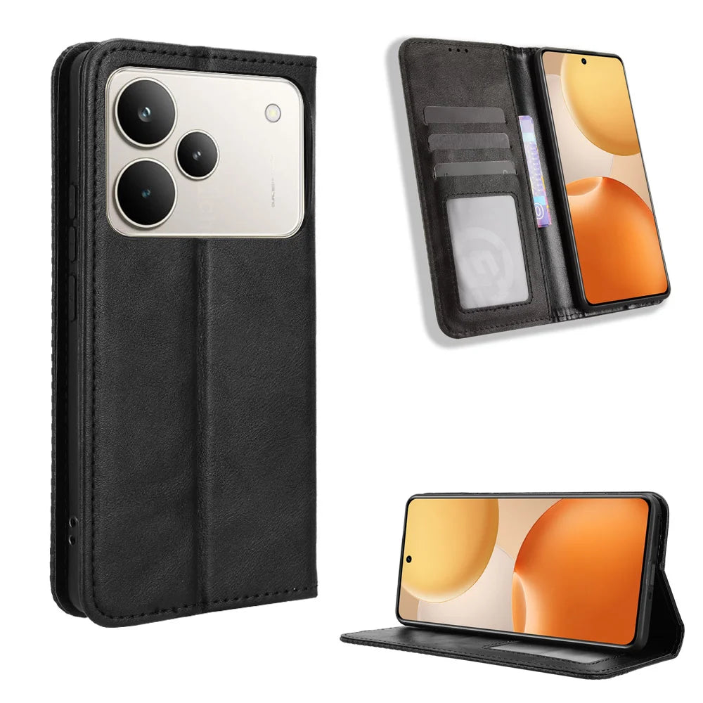 For Realme P4 Pro 5G Leather Case Wallet Stand Retro Texture Phone Cover - Black - 1