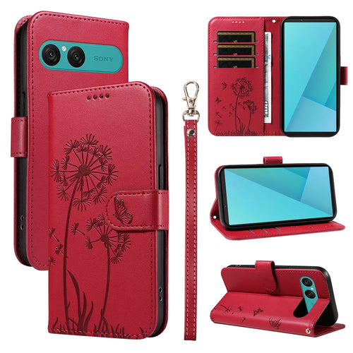 For Sony Xperia 10 VII Leather Wallet Case with Strap Dandelion Imprint Phone Stand Cover - Red - 1