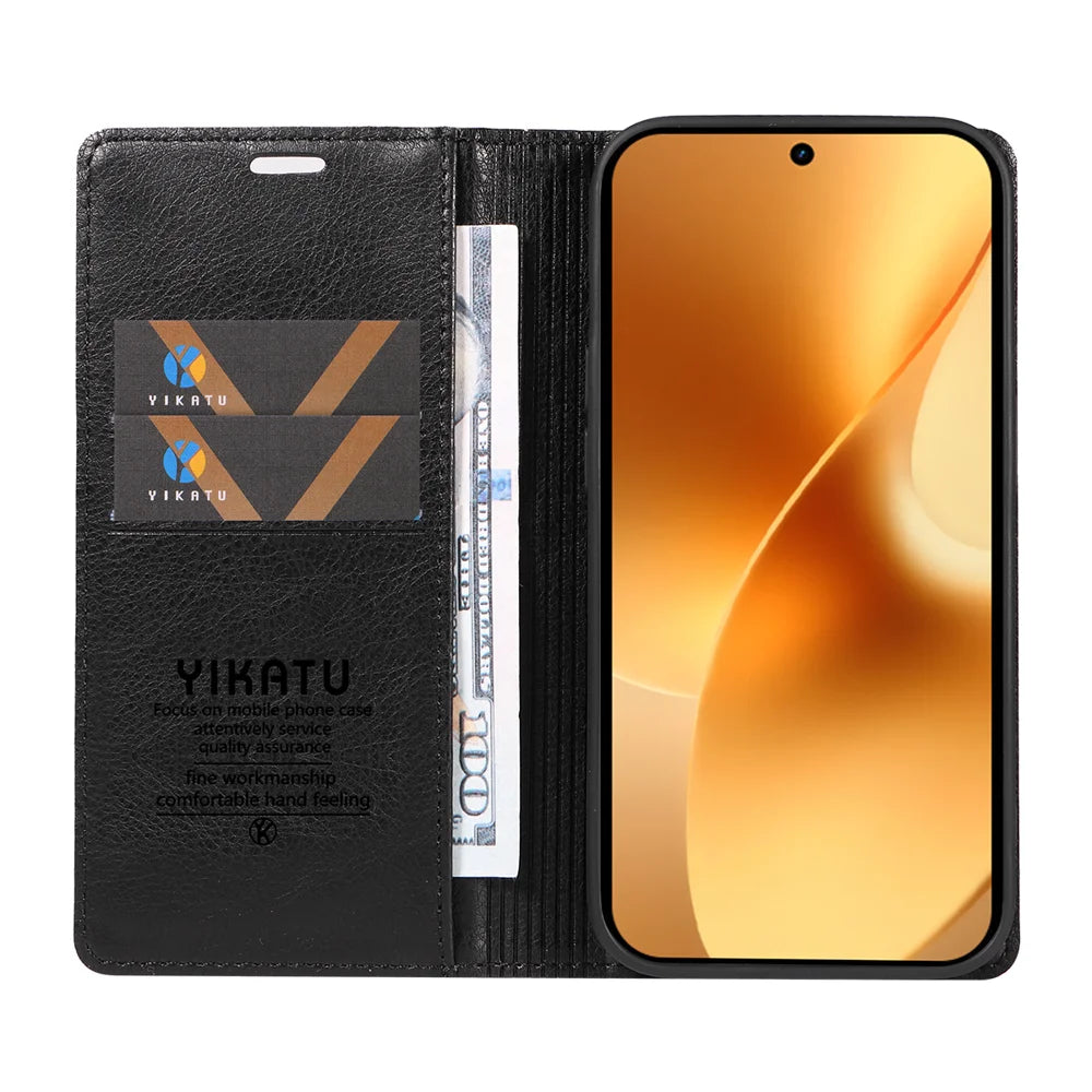 YIKATU For Realme 15 Pro 5G / Realme 15 5G Wallet Case  YK-006 Magnetic Closure Leather Phone Cover Litchi Texture - Black - 2