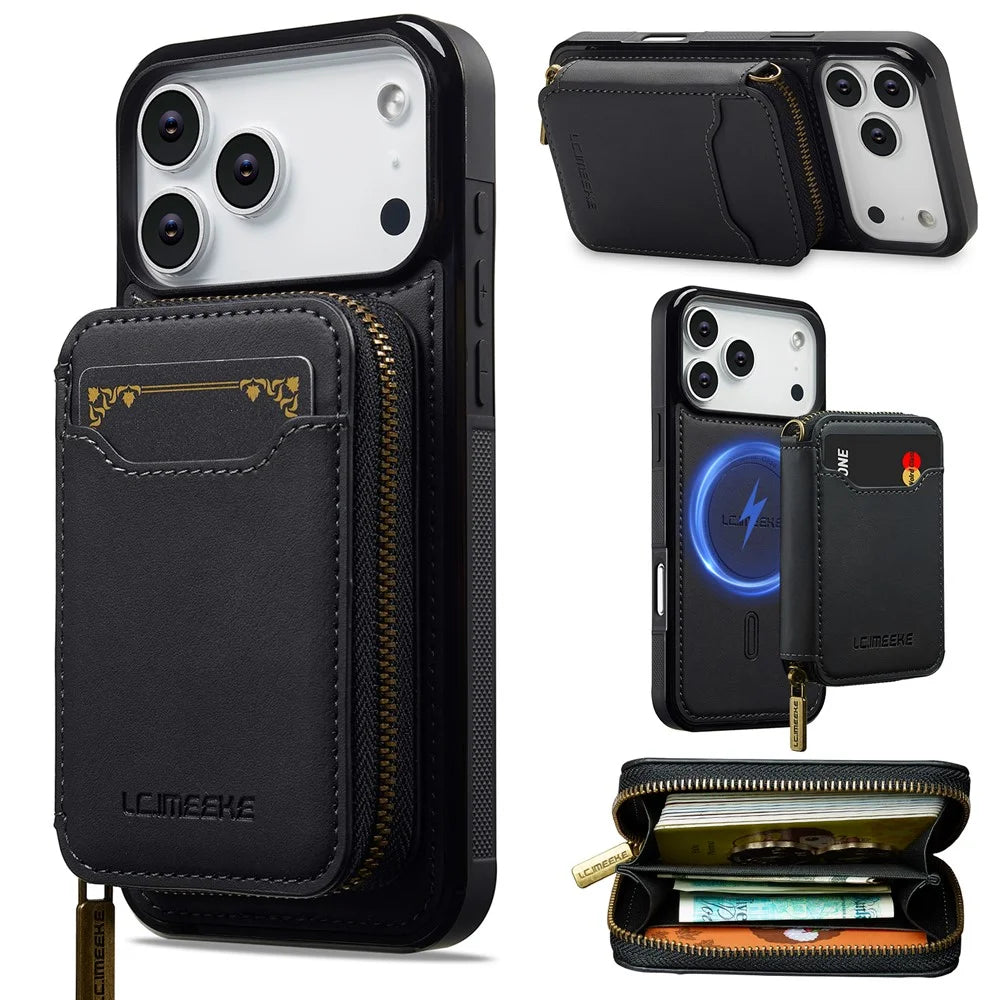 LC.IMEEKE L6 For iPhone 18 Pro / 17 Pro Magnetic Case Detachable Zipper Wallet Leather Coated PC + TPU Phone Cover - Black - 1