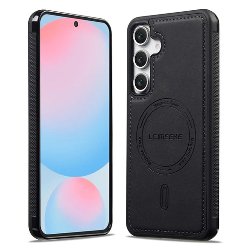 LC.IMEEKE L6 For Samsung Galaxy S25 FE Case PU Leather Coated PC TPU Phone Cover Magnetic Case - Black - 2
